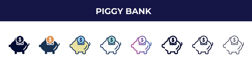 piggy bank icon in 8 styles. line, filled, glyph, thin outline, colorful, stroke and gradient styles, piggy bank vector sign. symbol, logo illustration. different style icons set.