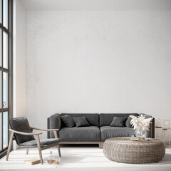 Modern beautiful interior with a white wall, carpet and a stylish sofa. Light Scandinavian design. 3D rendering