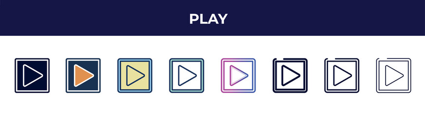 play icon in 8 styles. line, filled, glyph, thin outline, colorful, stroke and gradient styles, play vector sign. symbol, logo illustration. different style icons set.