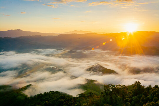 Betong, Yala, Thailand  2020: Talay Mok Aiyoeweng skywalk fog viewpoint there are tourist visited sea of mist in the morning