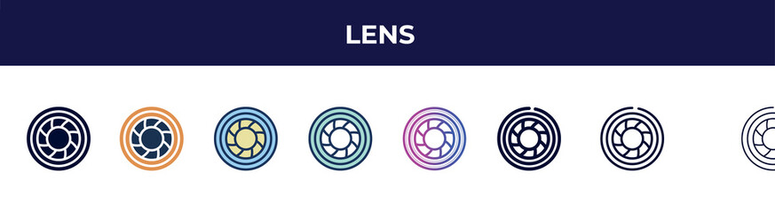 lens icon in 8 styles. line, filled, glyph, thin outline, colorful, stroke and gradient styles, lens vector sign. symbol, logo illustration. different style icons set.