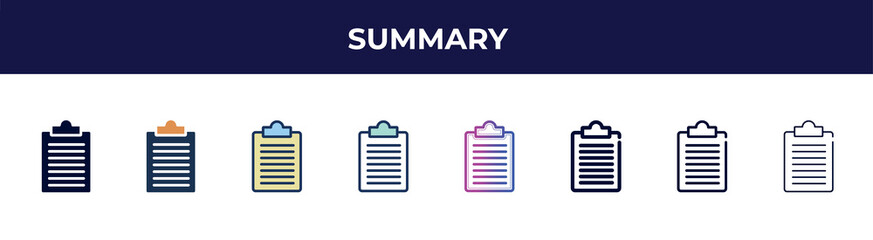 summary icon in 8 styles. line, filled, glyph, thin outline, colorful, stroke and gradient styles, summary vector sign. symbol, logo illustration. different style icons set.