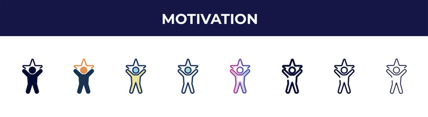 motivation icon in 8 styles. line, filled, glyph, thin outline, colorful, stroke and gradient styles, motivation vector sign. symbol, logo illustration. different style icons set.