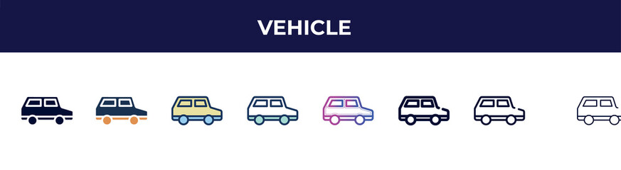 vehicle icon in 8 styles. line, filled, glyph, thin outline, colorful, stroke and gradient styles, vehicle vector sign. symbol, logo illustration. different style icons set.