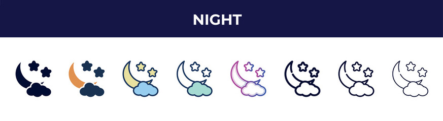 night icon in 8 styles. line, filled, glyph, thin outline, colorful, stroke and gradient styles, night vector sign. symbol, logo illustration. different style icons set.