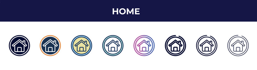 home icon in 8 styles. line, filled, glyph, thin outline, colorful, stroke and gradient styles, home vector sign. symbol, logo illustration. different style icons set.
