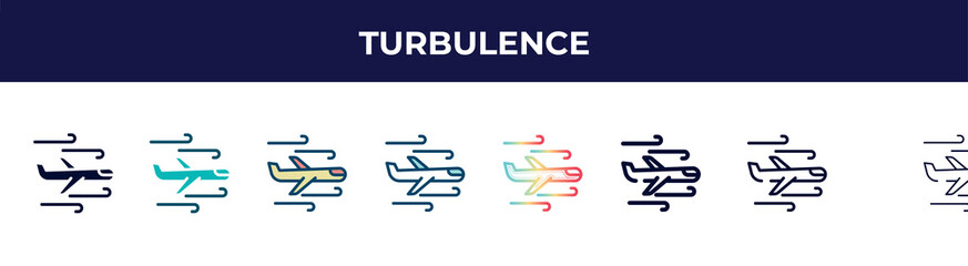 turbulence icon in 8 styles. line, filled, glyph, thin outline, colorful, stroke and gradient styles, turbulence vector sign. symbol, logo illustration. different style icons set.