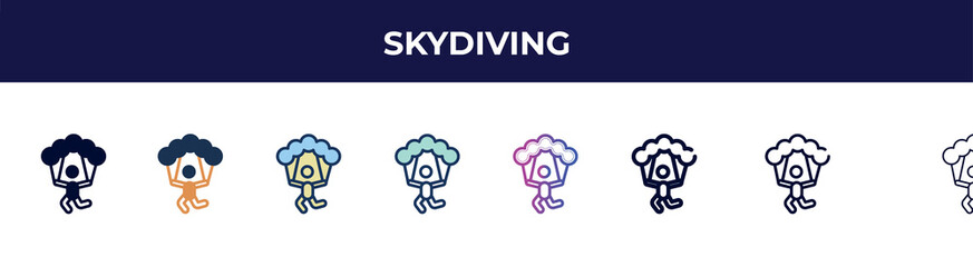 skydiving icon in 8 styles. line, filled, glyph, thin outline, colorful, stroke and gradient styles, skydiving vector sign. symbol, logo illustration. different style icons set.