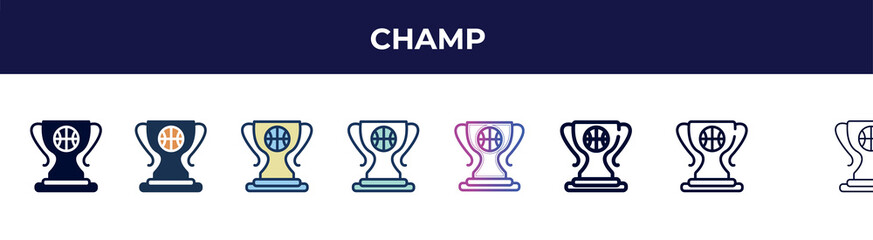 champ icon in 8 styles. line, filled, glyph, thin outline, colorful, stroke and gradient styles, champ vector sign. symbol, logo illustration. different style icons set.