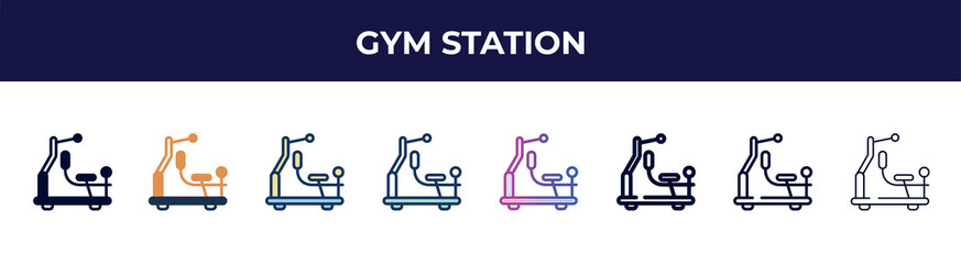 gym station icon in 8 styles. line, filled, glyph, thin outline, colorful, stroke and gradient styles, gym station vector sign. symbol, logo illustration. different style icons set.