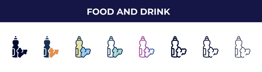 food and drink icon in 8 styles. line, filled, glyph, thin outline, colorful, stroke and gradient styles, food and drink vector sign. symbol, logo illustration. different style icons set.