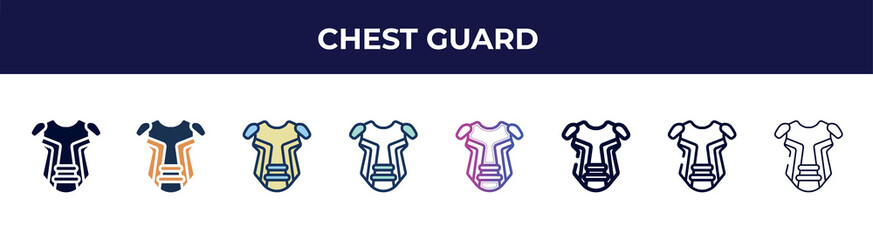 chest guard icon in 8 styles. line, filled, glyph, thin outline, colorful, stroke and gradient styles, chest guard vector sign. symbol, logo illustration. different style icons set.