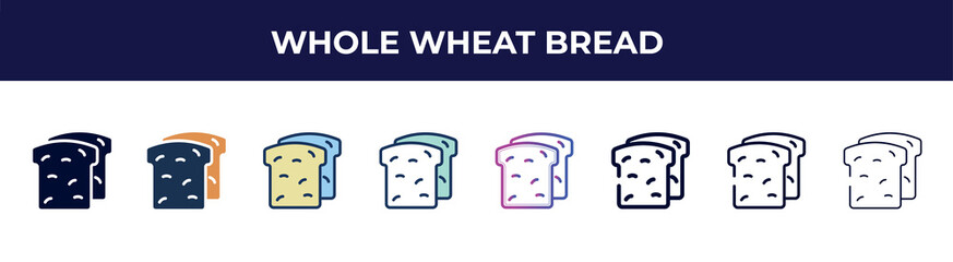 whole wheat bread icon in 8 styles. line, filled, glyph, thin outline, colorful, stroke and gradient styles, whole wheat bread vector sign. symbol, logo illustration. different style icons set.