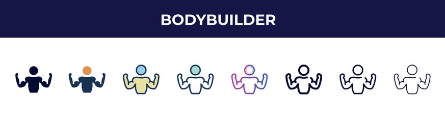 bodybuilder icon in 8 styles. line, filled, glyph, thin outline, colorful, stroke and gradient styles, bodybuilder vector sign. symbol, logo illustration. different style icons set.