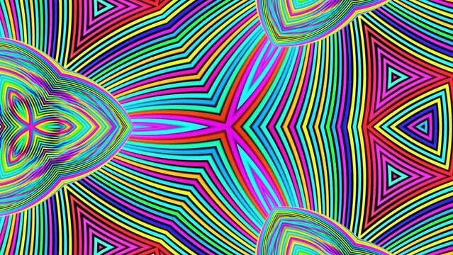 Looped abstract symmetrical background, 3d elements light up like bulbs with multicolor neon light. Bg for show or events, exhibitions, festivals or concerts, music videos, VJ loop for night clubs.