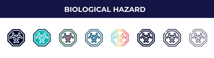 biological hazard icon in 8 styles. line, filled, glyph, thin outline, colorful, stroke and gradient styles, biological hazard vector sign. symbol, logo illustration. different style icons set.