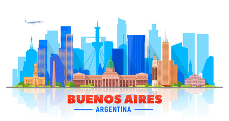 Buenos Aires ( Argentina ) skyline with panorama in white background. Vector Illustration. Business travel and tourism concept with modern buildings. Image for presentation, banner, website.