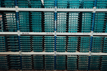 Gold mining storage rock core samples geology drilling industy. Large ore warehouse in modern...