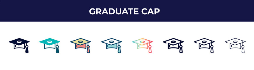 graduate cap icon in 8 styles. line, filled, glyph, thin outline, colorful, stroke and gradient styles, graduate cap vector sign. symbol, logo illustration. different style icons set.