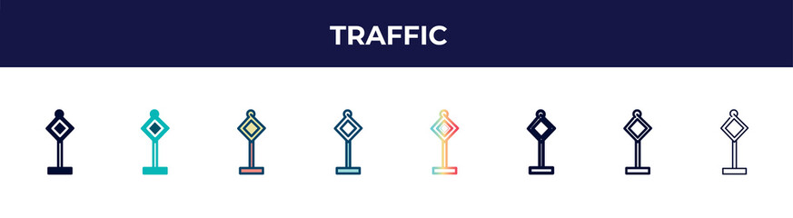 traffic icon in 8 styles. line, filled, glyph, thin outline, colorful, stroke and gradient styles, traffic vector sign. symbol, logo illustration. different style icons set.