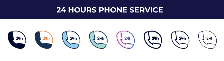 24 hours phone service icon in 8 styles. line, filled, glyph, thin outline, colorful, stroke and gradient styles, 24 hours phone service vector sign. symbol, logo illustration. different style icons