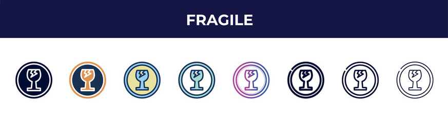 fragile icon in 8 styles. line, filled, glyph, thin outline, colorful, stroke and gradient styles, fragile vector sign. symbol, logo illustration. different style icons set.