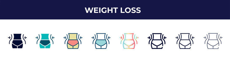 weight loss icon in 8 styles. line, filled, glyph, thin outline, colorful, stroke and gradient styles, weight loss vector sign. symbol, logo illustration. different style icons set.