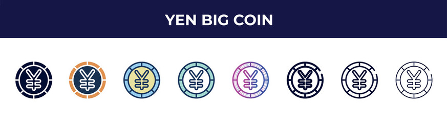 Fototapeta na wymiar yen big coin icon in 8 styles. line, filled, glyph, thin outline, colorful, stroke and gradient styles, yen big coin vector sign. symbol, logo illustration. different style icons set.