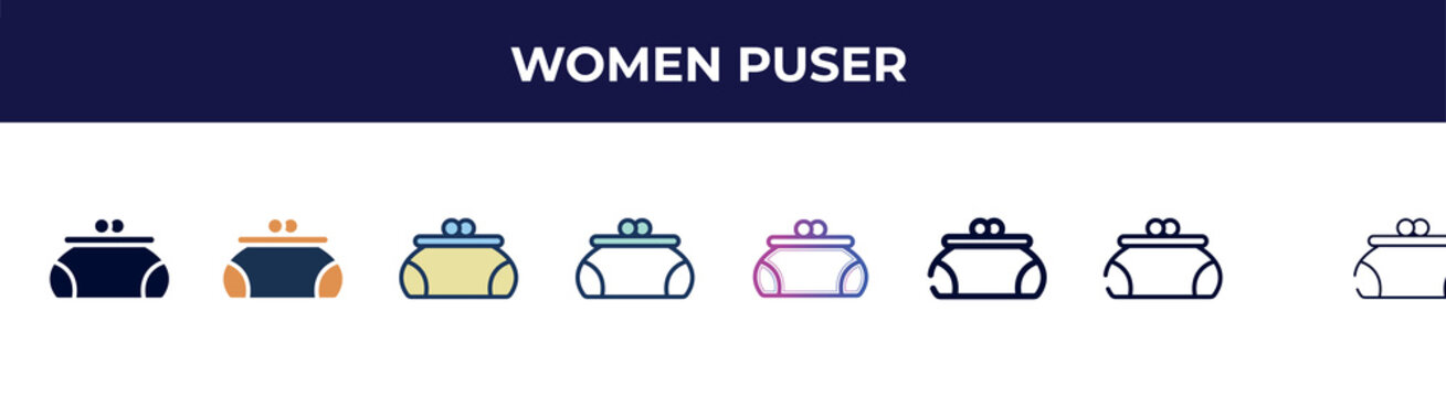 women puser icon in 8 styles. line, filled, glyph, thin outline, colorful, stroke and gradient styles, women puser vector sign. symbol, logo illustration. different style icons set.