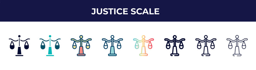 justice scale icon in 8 styles. line, filled, glyph, thin outline, colorful, stroke and gradient styles, justice scale vector sign. symbol, logo illustration. different style icons set.