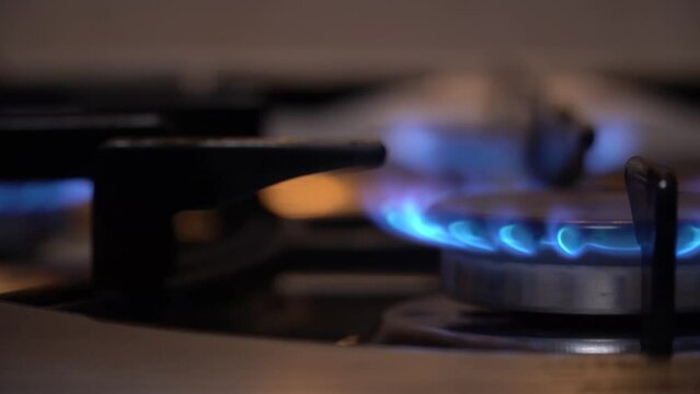 kitchen gas cooker with burning fire propane gas.Blue natural Gas Flame
