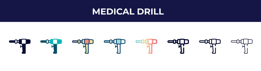 medical drill icon in 8 styles. line, filled, glyph, thin outline, colorful, stroke and gradient styles, medical drill vector sign. symbol, logo illustration. different style icons set.