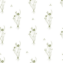 Vector green illustration. Floral seamless pattern. Bouquet of wild flowers. Hand drawn flower field. simple flowers. Blooming heads of wild flowers. Outline drawing.