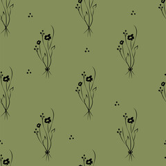 Vector green illustration. Floral seamless pattern. Bouquet of wild flowers. Hand drawn flower field. simple flowers. Blooming heads of wild flowers. Outline drawing.