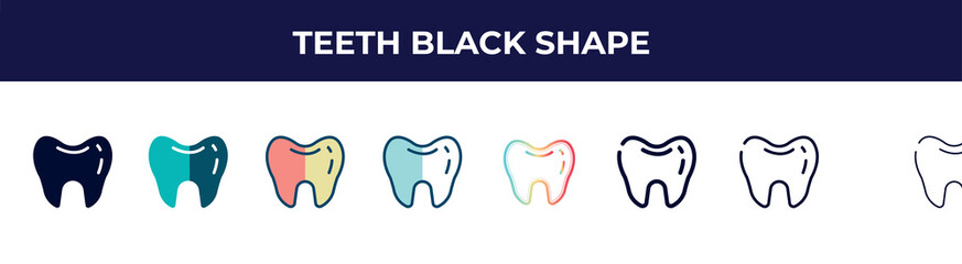 teeth black shape icon in 8 styles. line, filled, glyph, thin outline, colorful, stroke and gradient styles, teeth black shape vector sign. symbol, logo illustration. different style icons set.