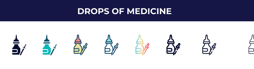drops of medicine icon in 8 styles. line, filled, glyph, thin outline, colorful, stroke and gradient styles, drops of medicine vector sign. symbol, logo illustration. different style icons set.