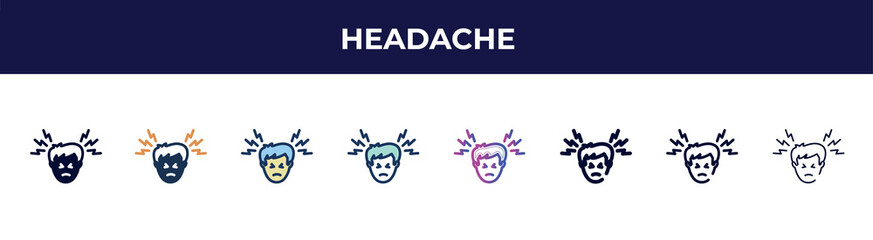 headache icon in 8 styles. line, filled, glyph, thin outline, colorful, stroke and gradient styles, headache vector sign. symbol, logo illustration. different style icons set.