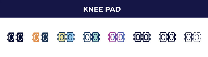 Obraz premium knee pad icon in 8 styles. line, filled, glyph, thin outline, colorful, stroke and gradient styles, knee pad vector sign. symbol, logo illustration. different style icons set.