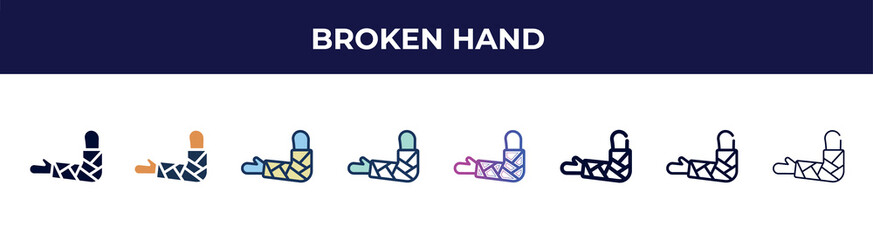 broken hand icon in 8 styles. line, filled, glyph, thin outline, colorful, stroke and gradient styles, broken hand vector sign. symbol, logo illustration. different style icons set.