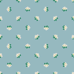 Seamless pattern with white cherry flowers on branch with leaves on blue background. Print of spring decoration, flowering fruit tree plant. Vector flat illustration