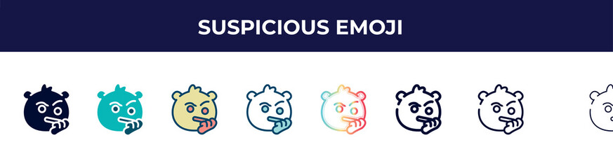 suspicious emoji icon in 8 styles. line, filled, glyph, thin outline, colorful, stroke and gradient styles, suspicious emoji vector sign. symbol, logo illustration. different style icons set.