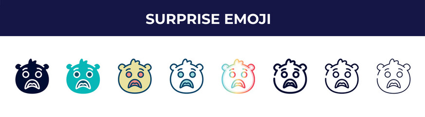 surprise emoji icon in 8 styles. line, filled, glyph, thin outline, colorful, stroke and gradient styles, surprise emoji vector sign. symbol, logo illustration. different style icons set.