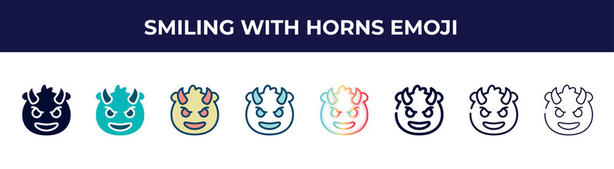 smiling with horns emoji icon in 8 styles. line, filled, glyph, thin outline, colorful, stroke and gradient styles, smiling with horns emoji vector sign. symbol, logo illustration. different style