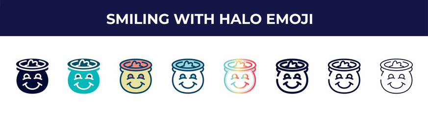 smiling with halo emoji icon in 8 styles. line, filled, glyph, thin outline, colorful, stroke and gradient styles, smiling with halo emoji vector sign. symbol, logo illustration. different style