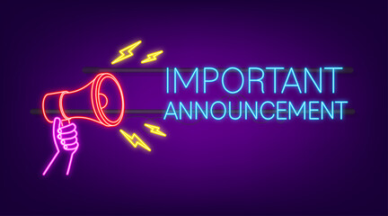 Megaphone with important announcement. Neon icon. Megaphone banner. Web design. Vector stock illustration - obrazy, fototapety, plakaty