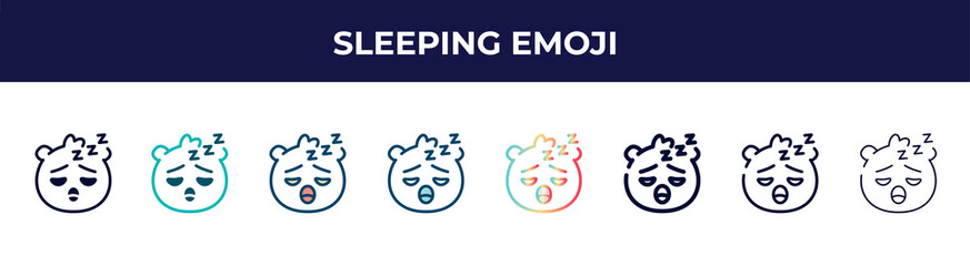sleeping emoji icon in 8 styles. line, filled, glyph, thin outline, colorful, stroke and gradient styles, sleeping emoji vector sign. symbol, logo illustration. different style icons set.