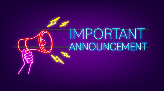 Megaphone with important announcement. Neon icon. Megaphone banner. Web design. Vector stock illustration