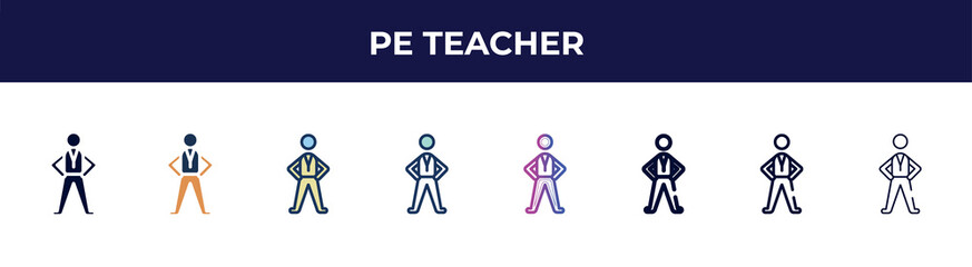 pe teacher icon in 8 styles. line, filled, glyph, thin outline, colorful, stroke and gradient styles, pe teacher vector sign. symbol, logo illustration. different style icons set.
