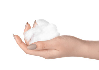 Female hand with clean cotton wool on white background, closeup