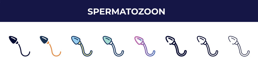 Obraz premium spermatozoon icon in 8 styles. line, filled, glyph, thin outline, colorful, stroke and gradient styles, spermatozoon vector sign. symbol, logo illustration. different style icons set.